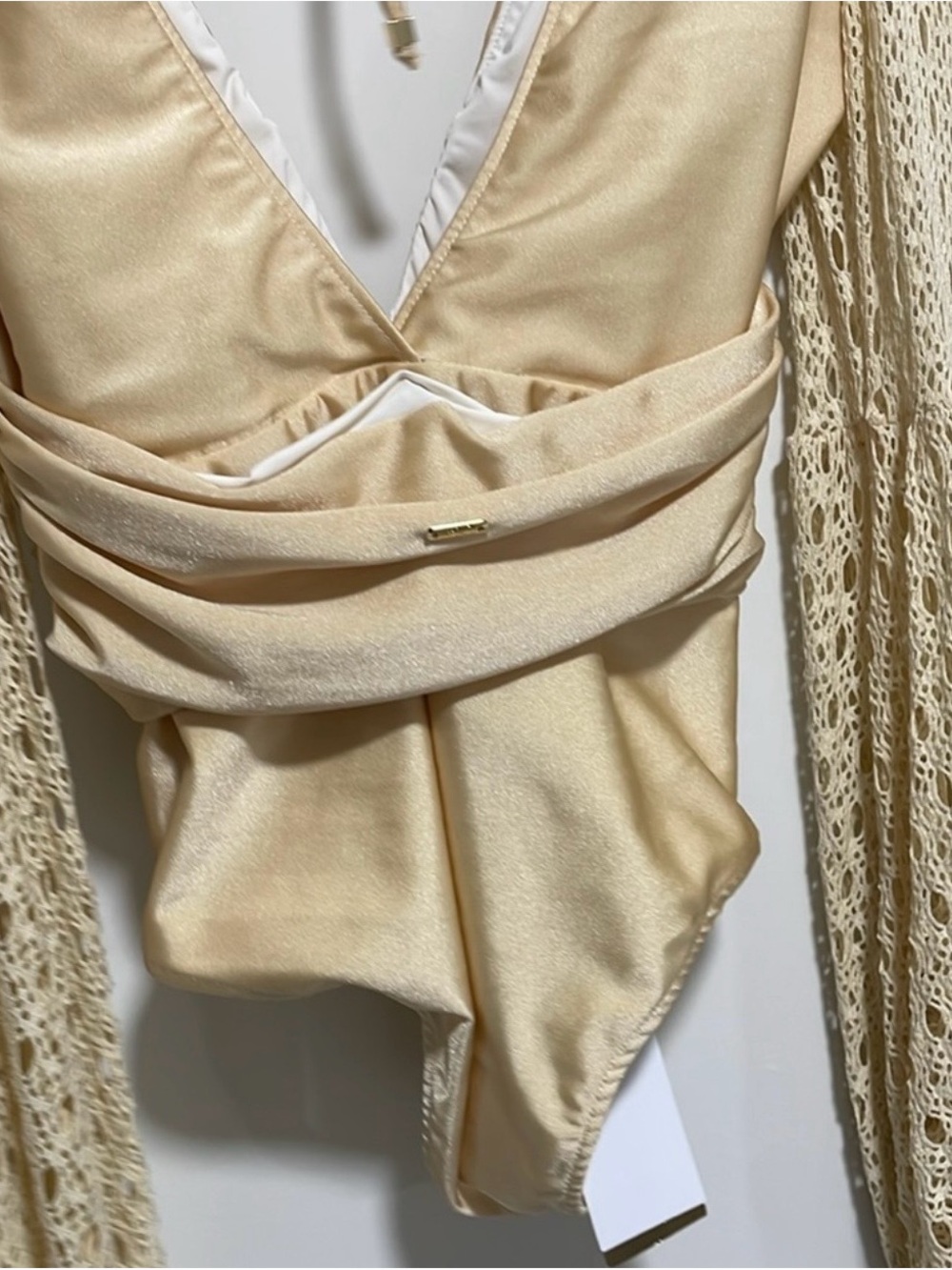PatBO Cream Crochet-Sleeve Deep V Belted One-Piece Swimsuit - Picture 4 of 7